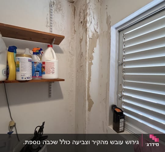 קיר ותקרה עם קילופי צבע ונזקי רטיבות ועובש לפני תיקון וצביעה